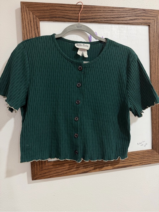 Tops - Petite Focus Dark Green Ribbed Button Front Crop Top